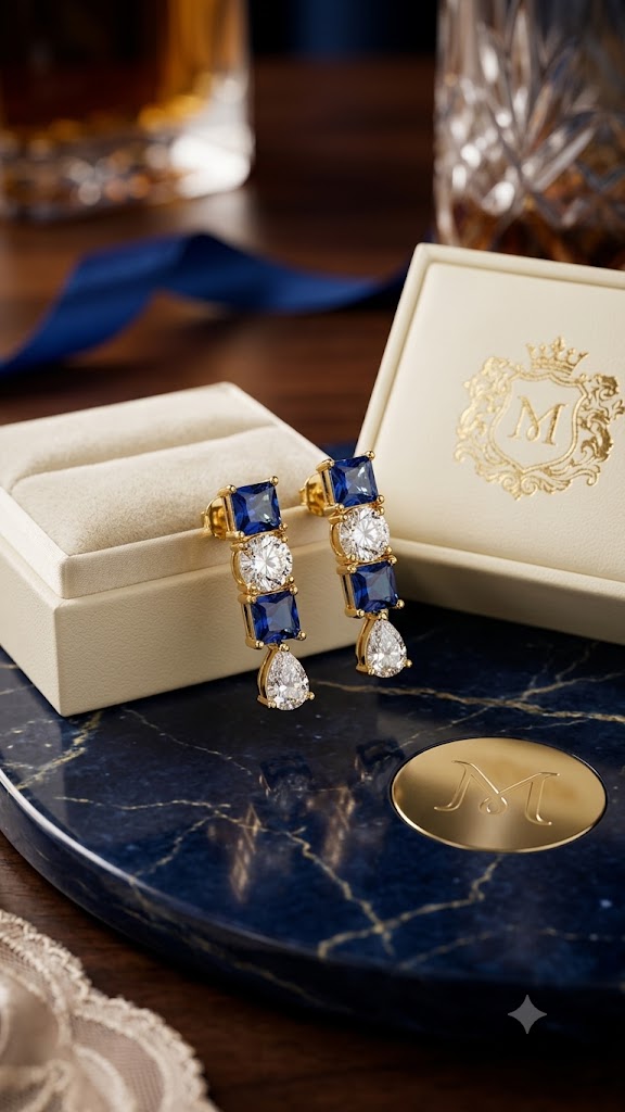 Blue & White Cubic Zirconia Drop Earrings for Women | Gold Finish (BR125)