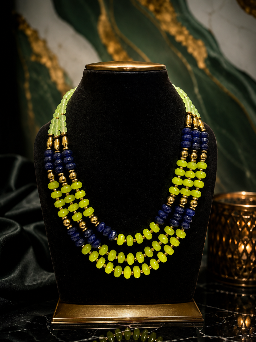 Luxury Multi-Strand Lime Green & Royal Blue Beaded Statement Necklace with Gold Accents