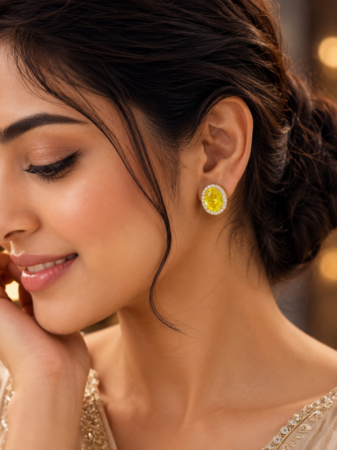 Fancy Designer Yellow Stone Ear Studs for Women | Zircon Luxury Earrings (BR120)
