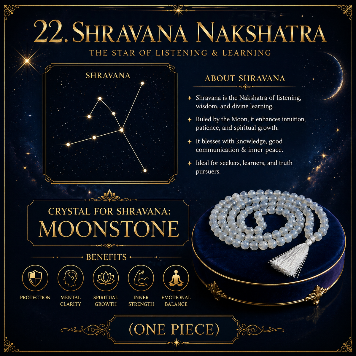22. Shravana Nakshatra Crystal, Moonstone Mala for Healing & Spiritual Energy