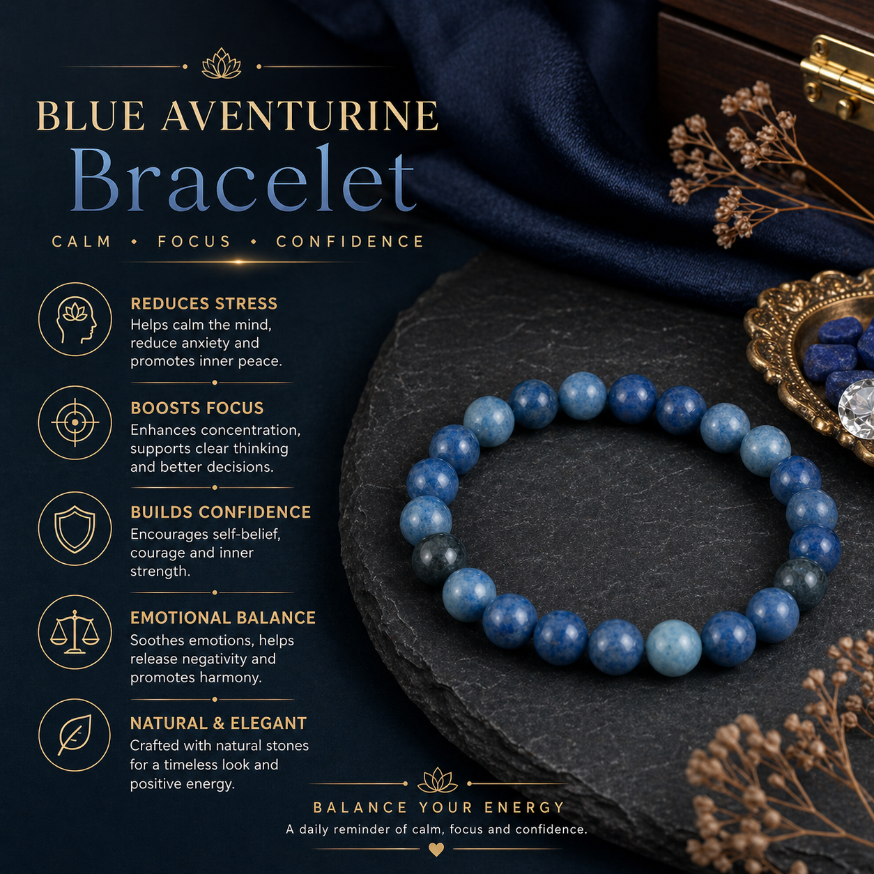 Blue Aventurine Crystal Bracelet | Healing Stone for Calm & Clarity | 8mm Adjustable