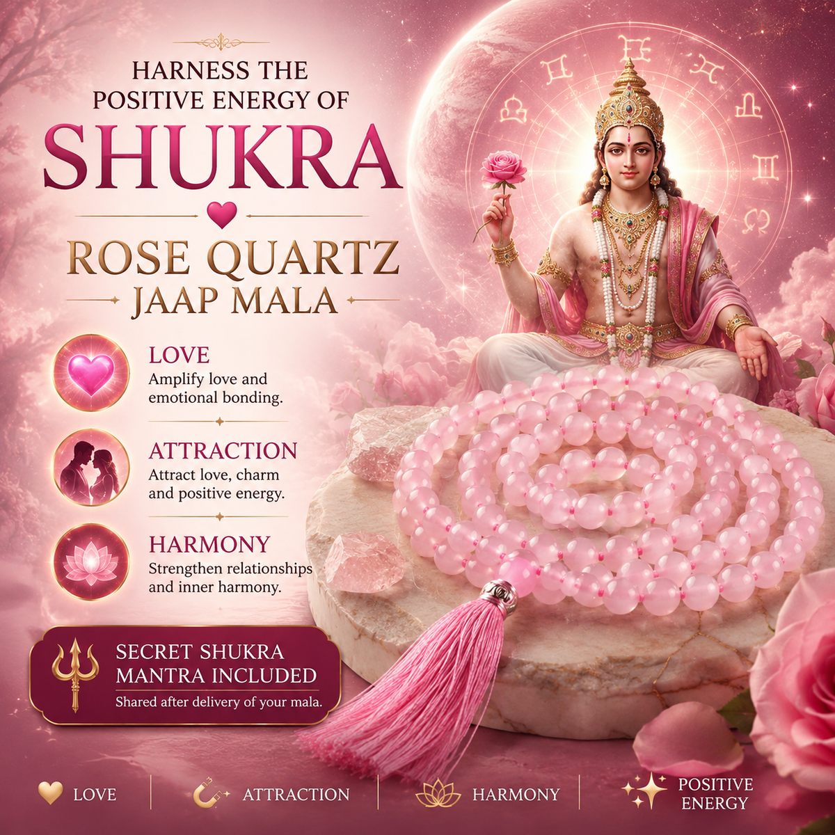 Rose Quartz Jaap Mala For Shukra Grah