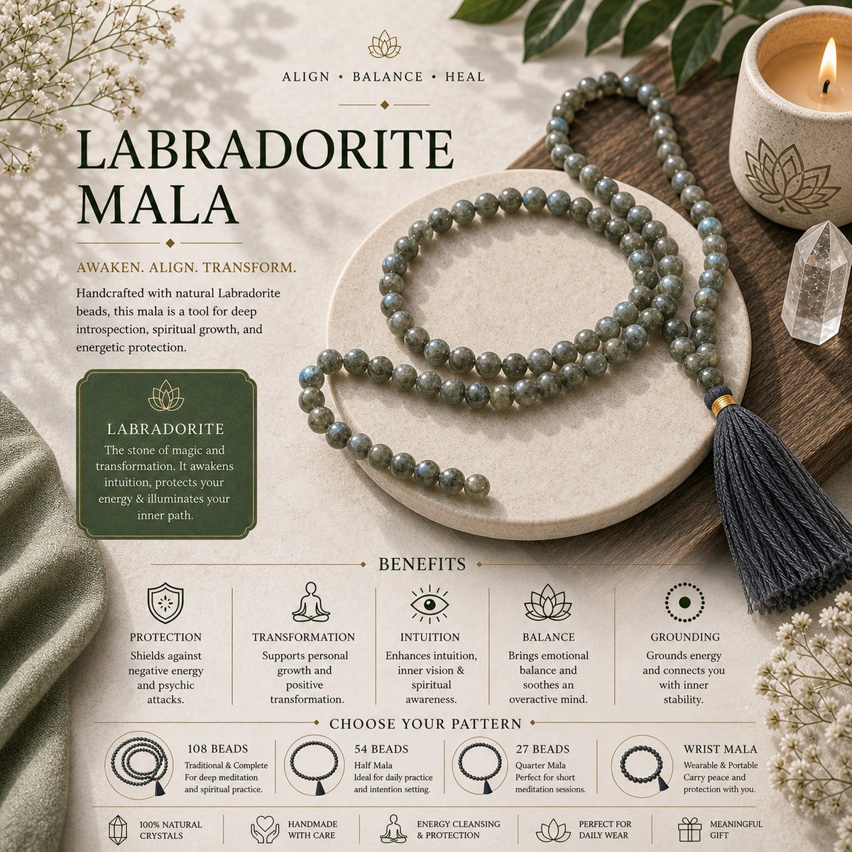 Natural Labradorite Jaap Mala for Protection, Meditation & Healing