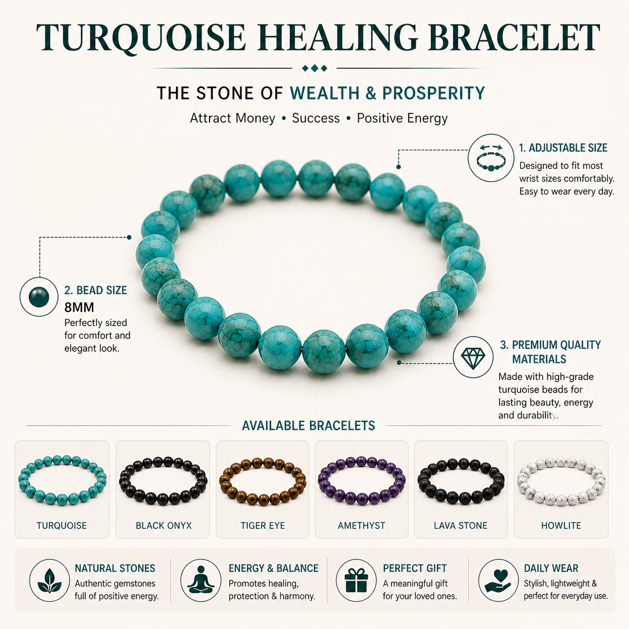 Natural Blue Turquoise (Firoza) Crystal Bracelet | Protection & Positivity | 8mm Beaded