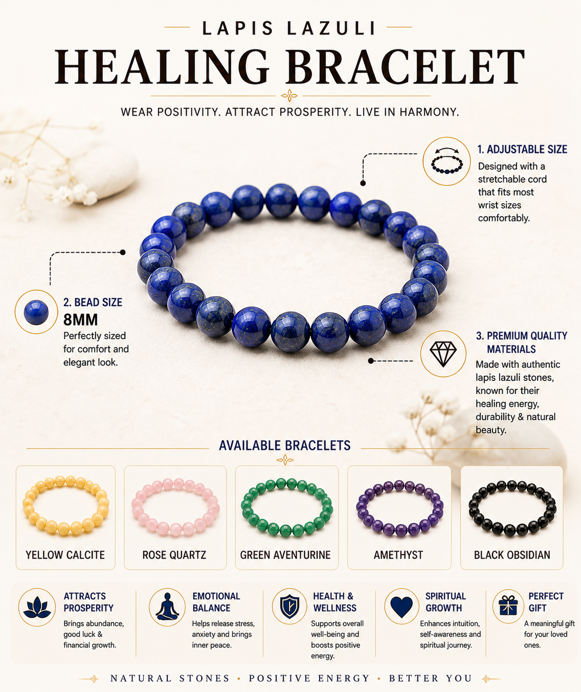 Genuine Lapis Lazuli Bracelets for Men & Women, 8mm Natural Stone Beads