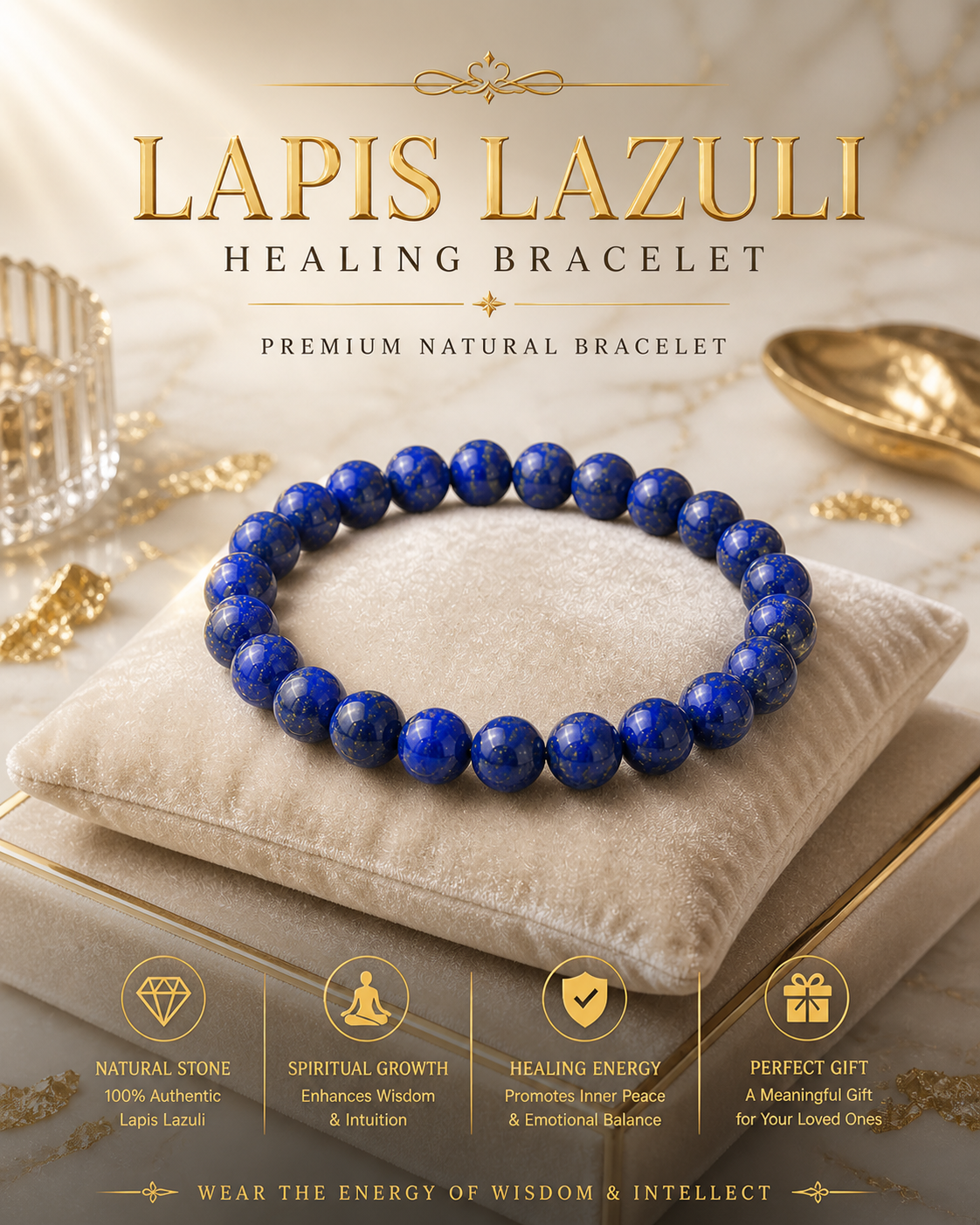 Genuine Lapis Lazuli Bracelets for Men & Women, 8mm Natural Stone Beads