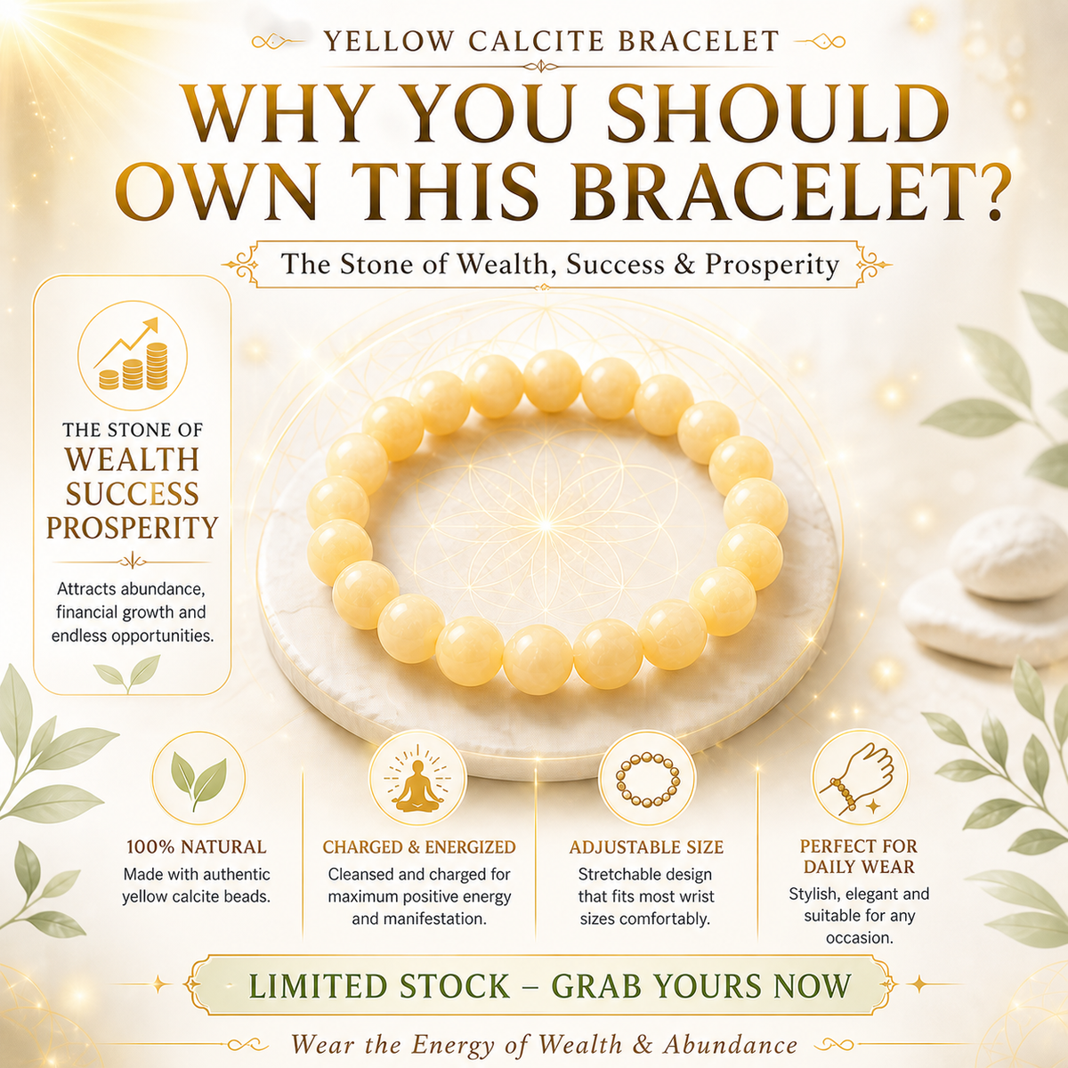 Yellow Calcite Bracelet Gemstone Beads - Natural Crystals Stretchy Bracelets - Beads Bracelets - Chakra Healing