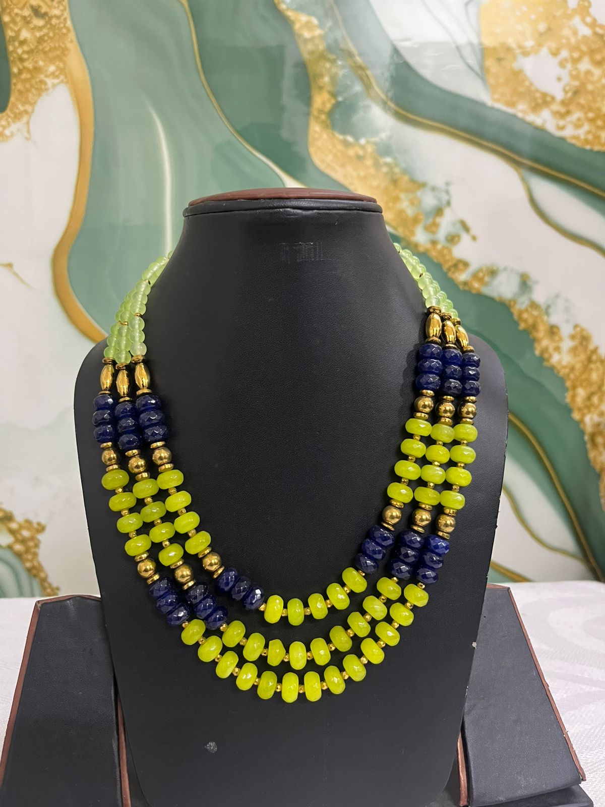 Luxury Multi-Strand Lime Green & Royal Blue Beaded Statement Necklace with Gold Accents