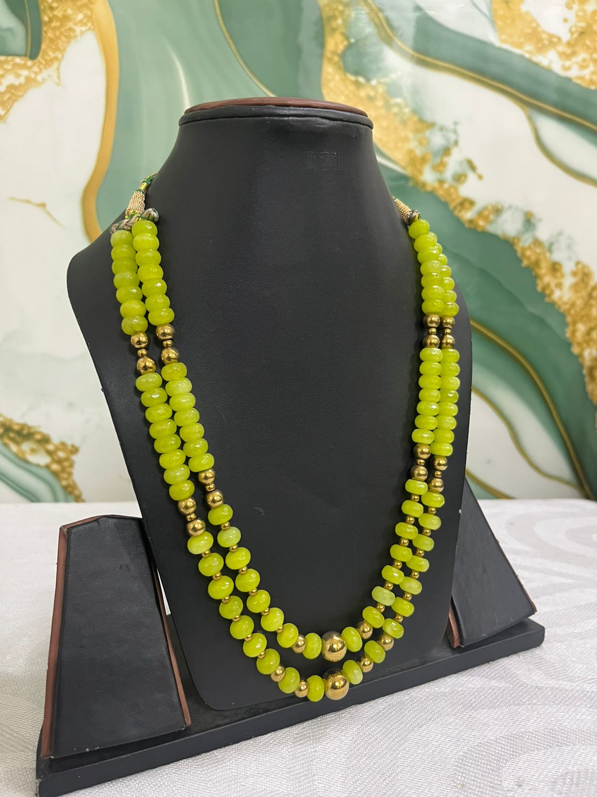 Handcrafted Lime Green Double Strand Beaded Necklace with Gold Accent Beads