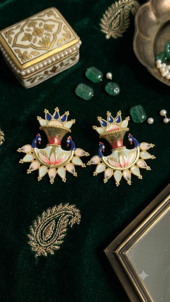 Handcrafted Peacock Lotus Enamel Earrings | Royal Designer Jewelry (BR150)
