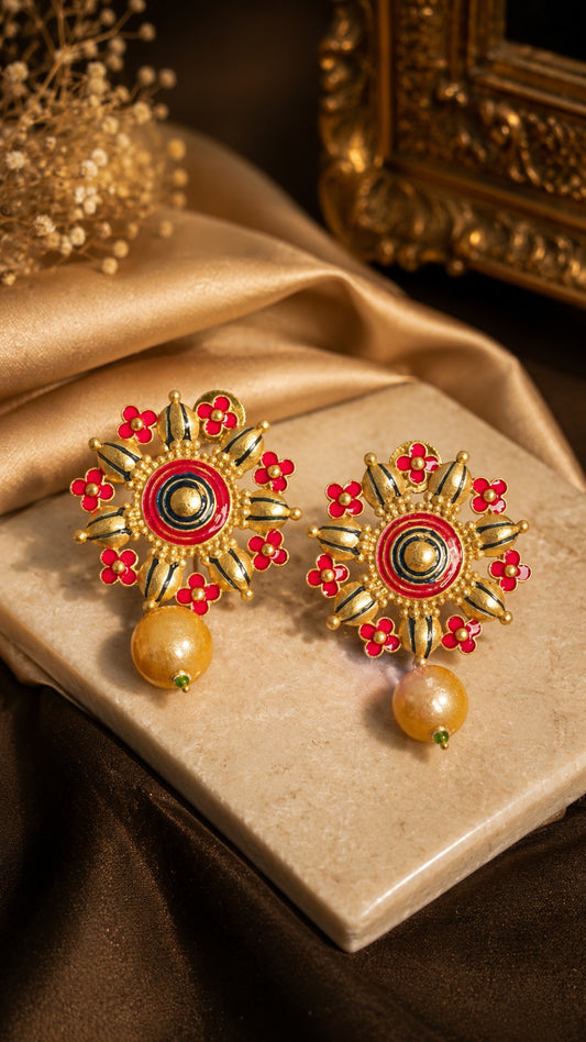 Traditional Floral Statement Earrings with Pearl Drop for Women (BR150)