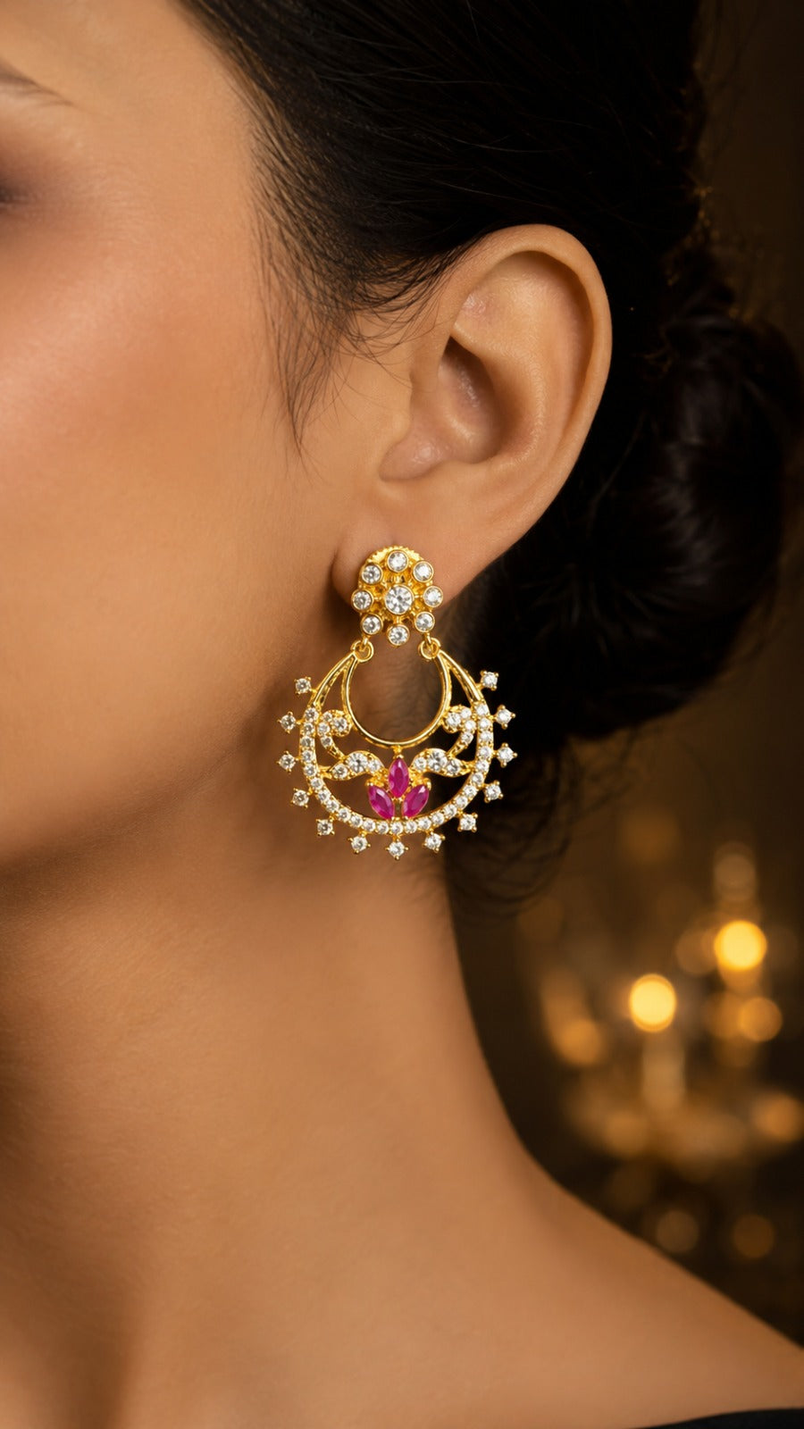 Gold Plated Designer Chandbali Earrings with Pink Stone Accents (BR150)