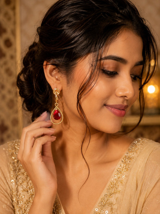 Luxury Red Teardrop Drop Earrings for Women | Gold Tone Elegant Dangle Earrings (BR150)