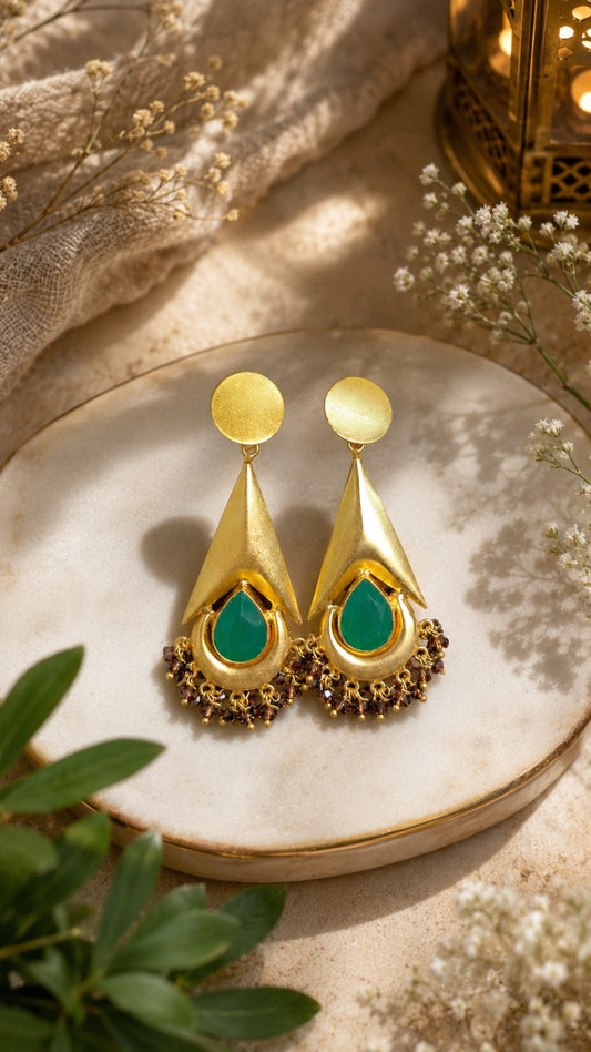Luxury Green Drop Ear Hanging Earrings for Women | Gold-Tone Designer Statement Jewelry (BR150)