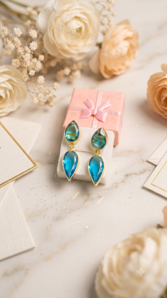 Luxury Blue Teardrop Drop Earrings for Women | Gold Tone Fashion Jewelry (BR150)