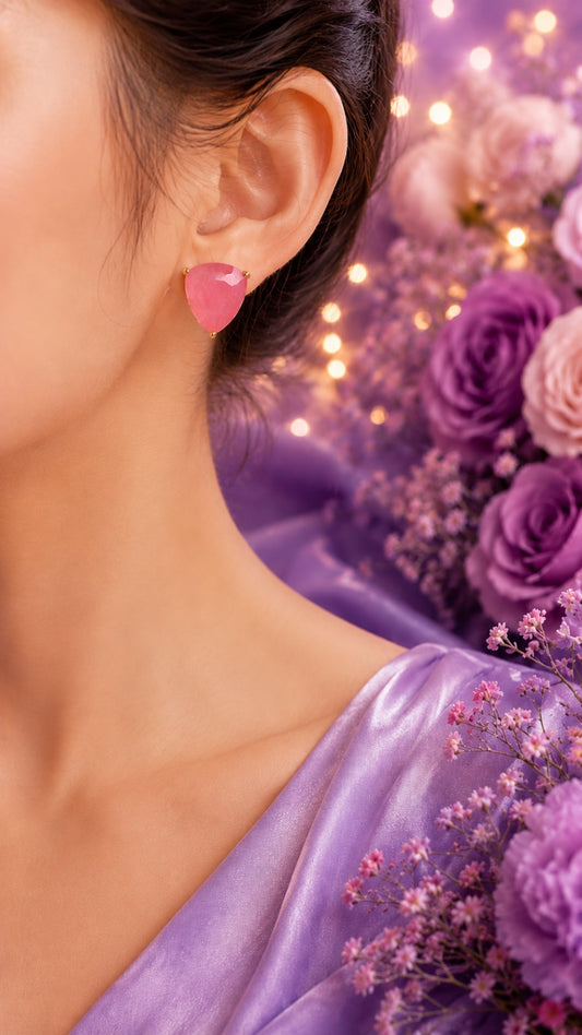 Fancy Designer Pink Teardrop Ear Studs for Women | Elegant Gold Tone Fashion Jewelry (BR150)