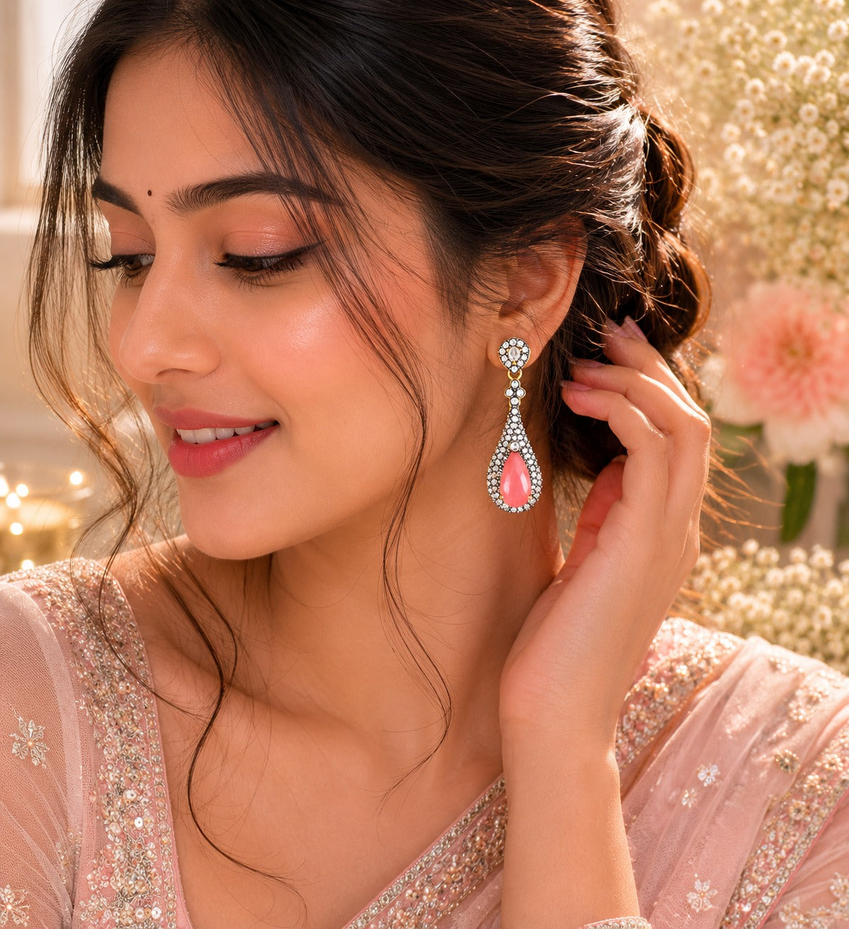 Luxury Pink Teardrop Dangle Earrings for Women | Elegant Party Wear (BR150)