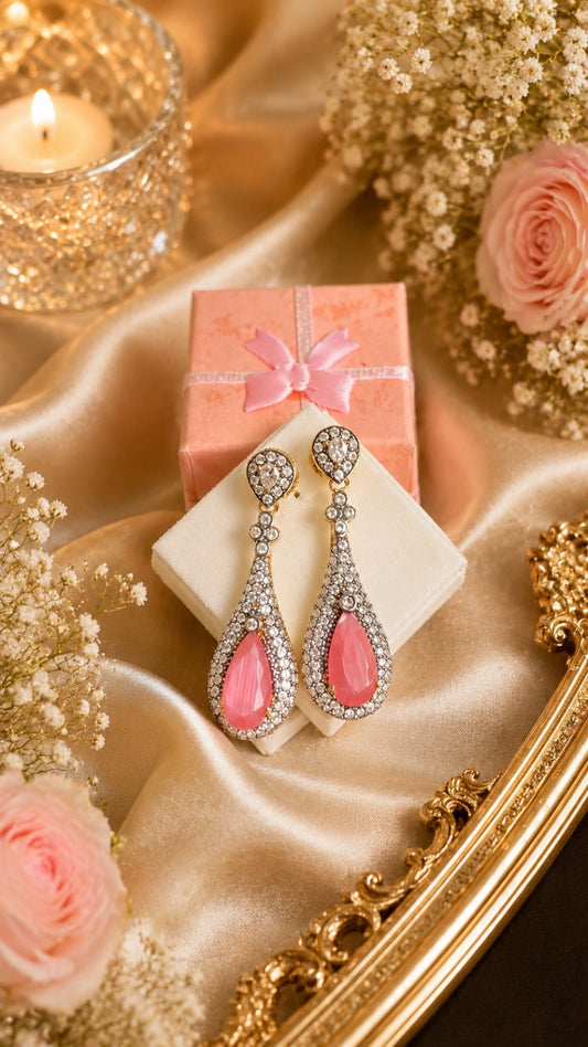 Luxury Pink Teardrop Dangle Earrings for Women | Elegant Party Wear (BR150)