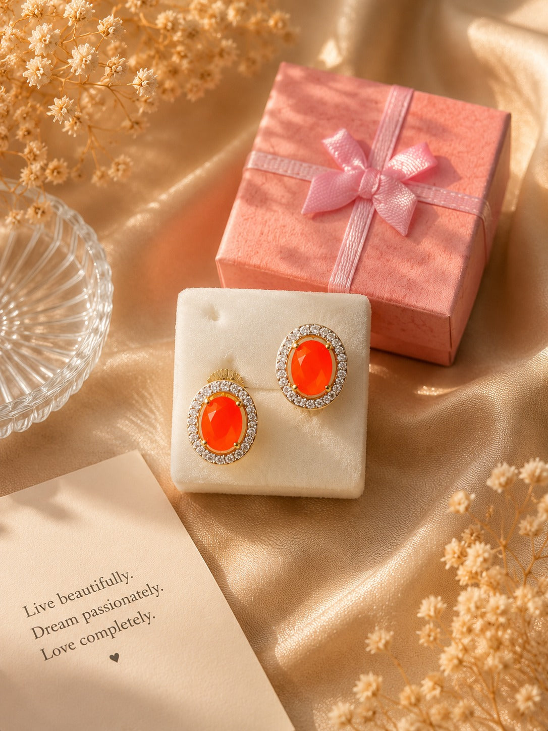Fancy Designer Orange Oval Ear Studs for Women | Gold Plated Fashion Jewelry (BR150)