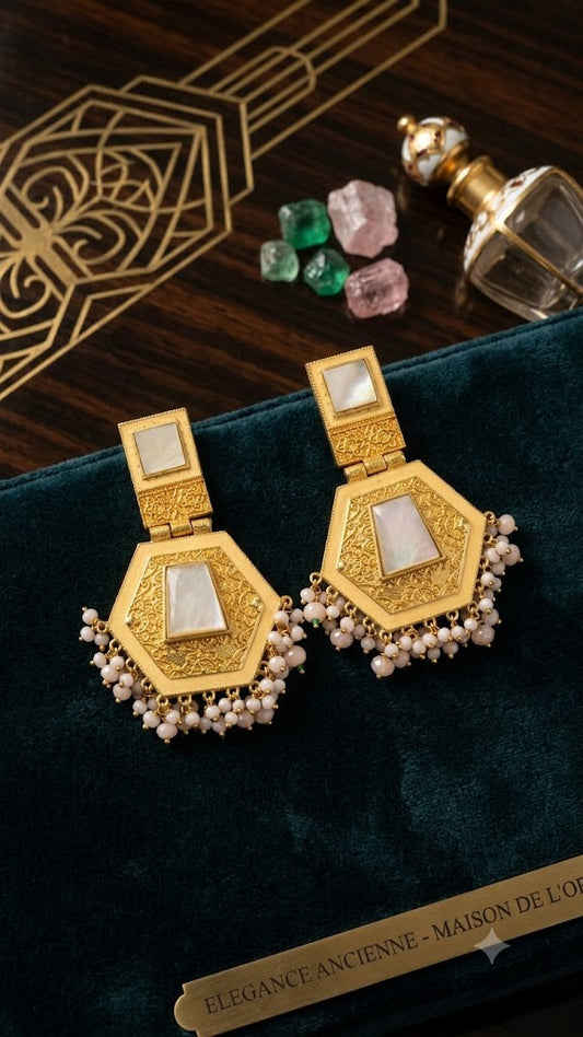 Luxury Gold-Tone Hexagon Pearl Drop Earrings for Women | Siri's (BR300)