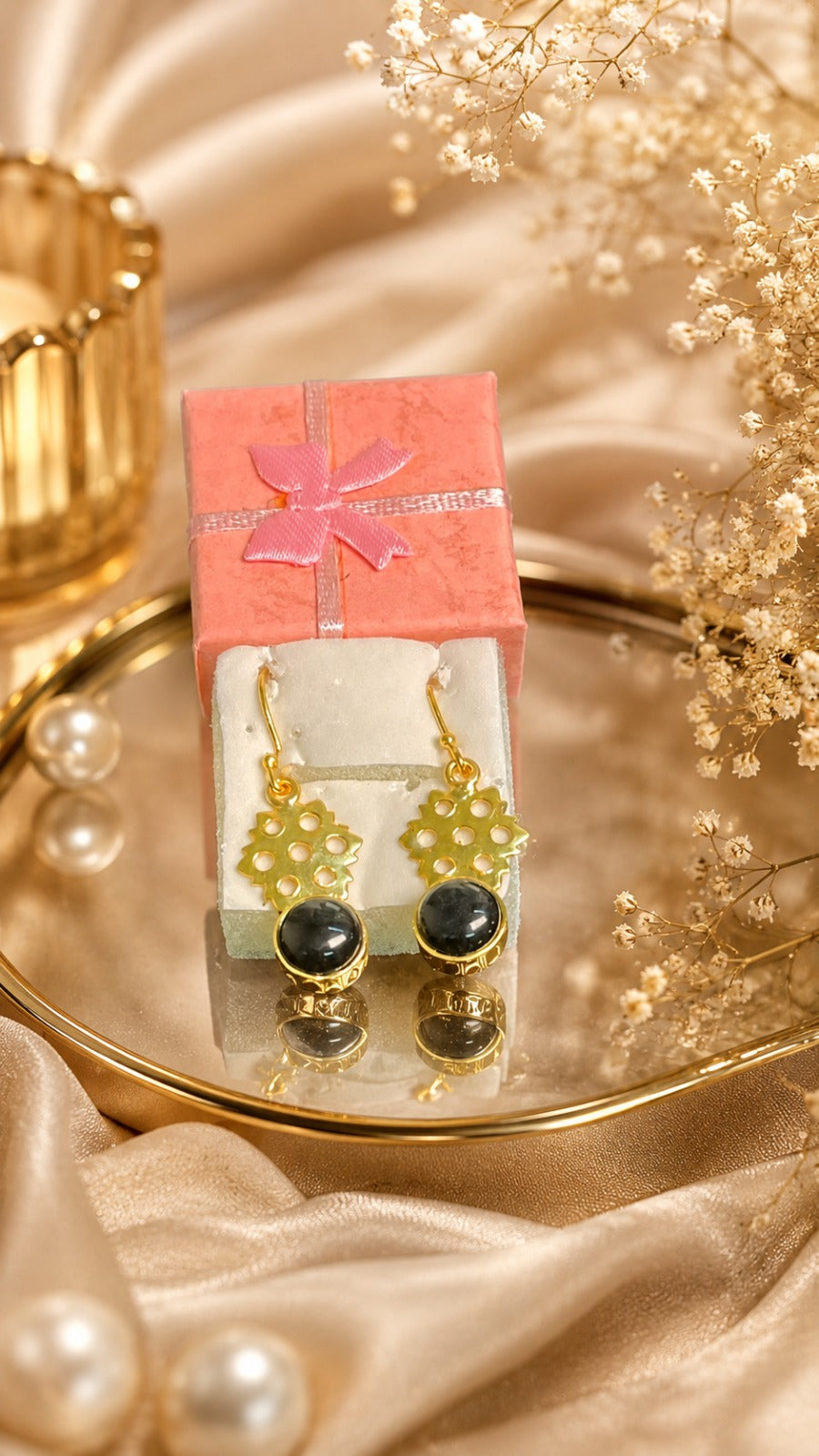 Black Stone Gold-Plated Floral Drop Earrings for Women & Girls (BR150)