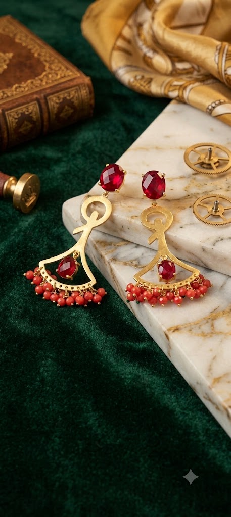Luxury Gold Tone Red Bead Statement Earrings for Women & Girls (BR300)