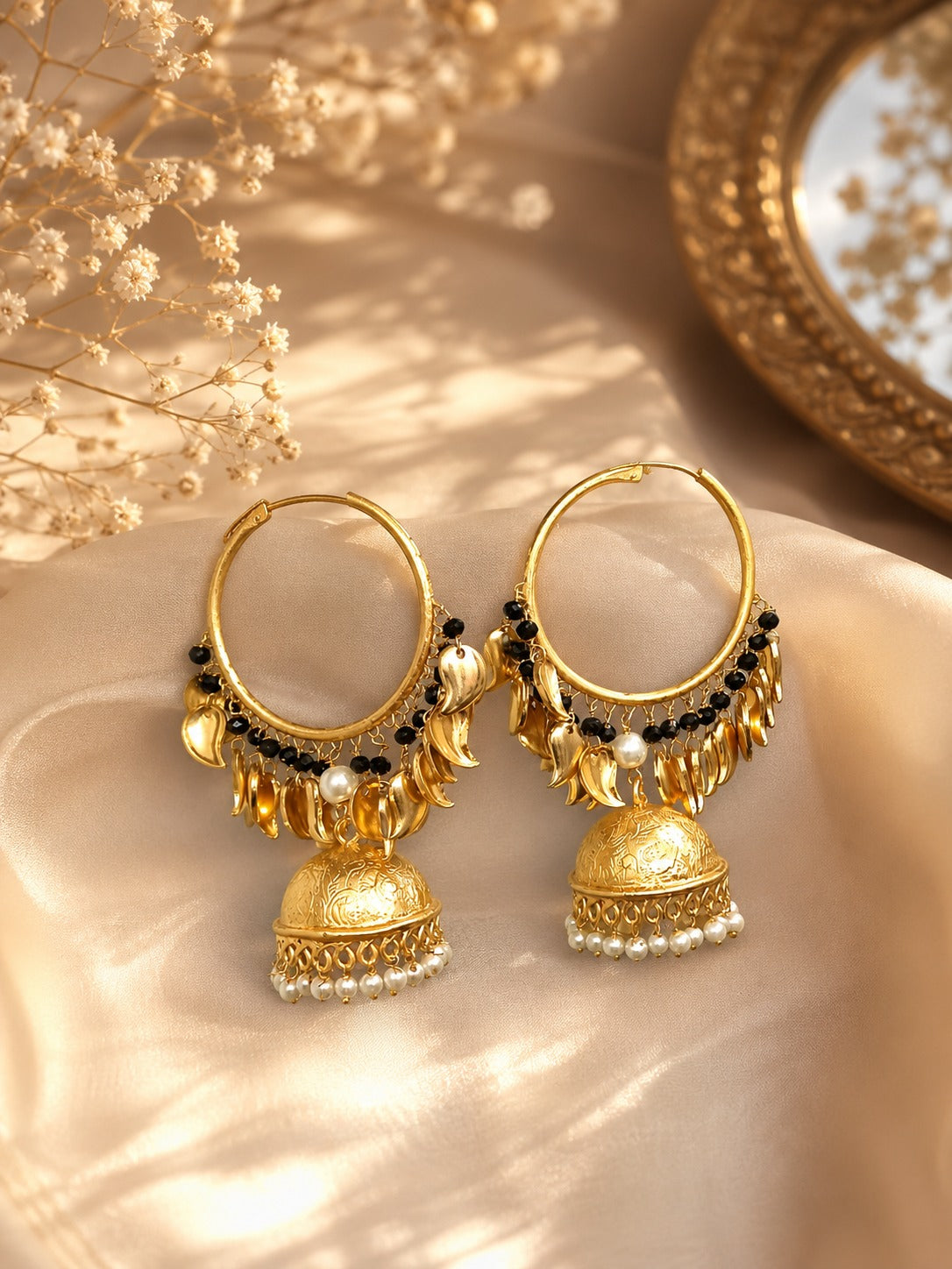 Gold-Tone Hoop Jhumka Earrings with Black Beads & Pearl Accents (BR300)