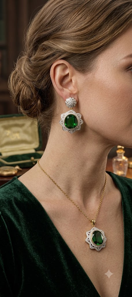 Luxury Green Stone Statement Necklace & Earrings Set for Women (BR300)