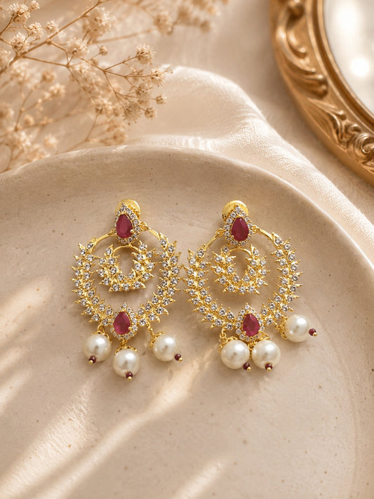 Luxury Gold-Plated Ruby Tone Pearl Chandbali Earrings for Women (BR300)