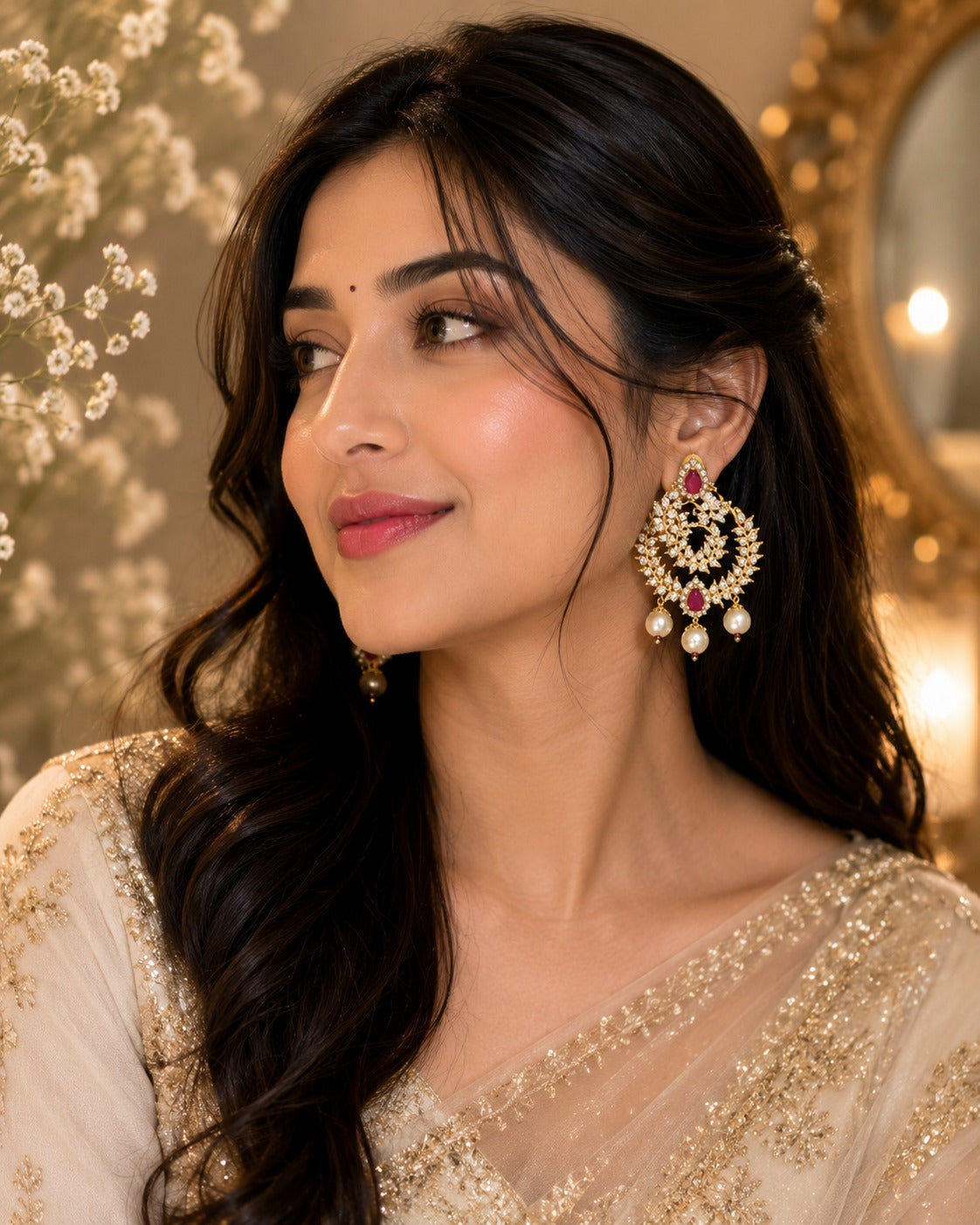 Luxury Gold-Plated Ruby Tone Pearl Chandbali Earrings for Women (BR300)