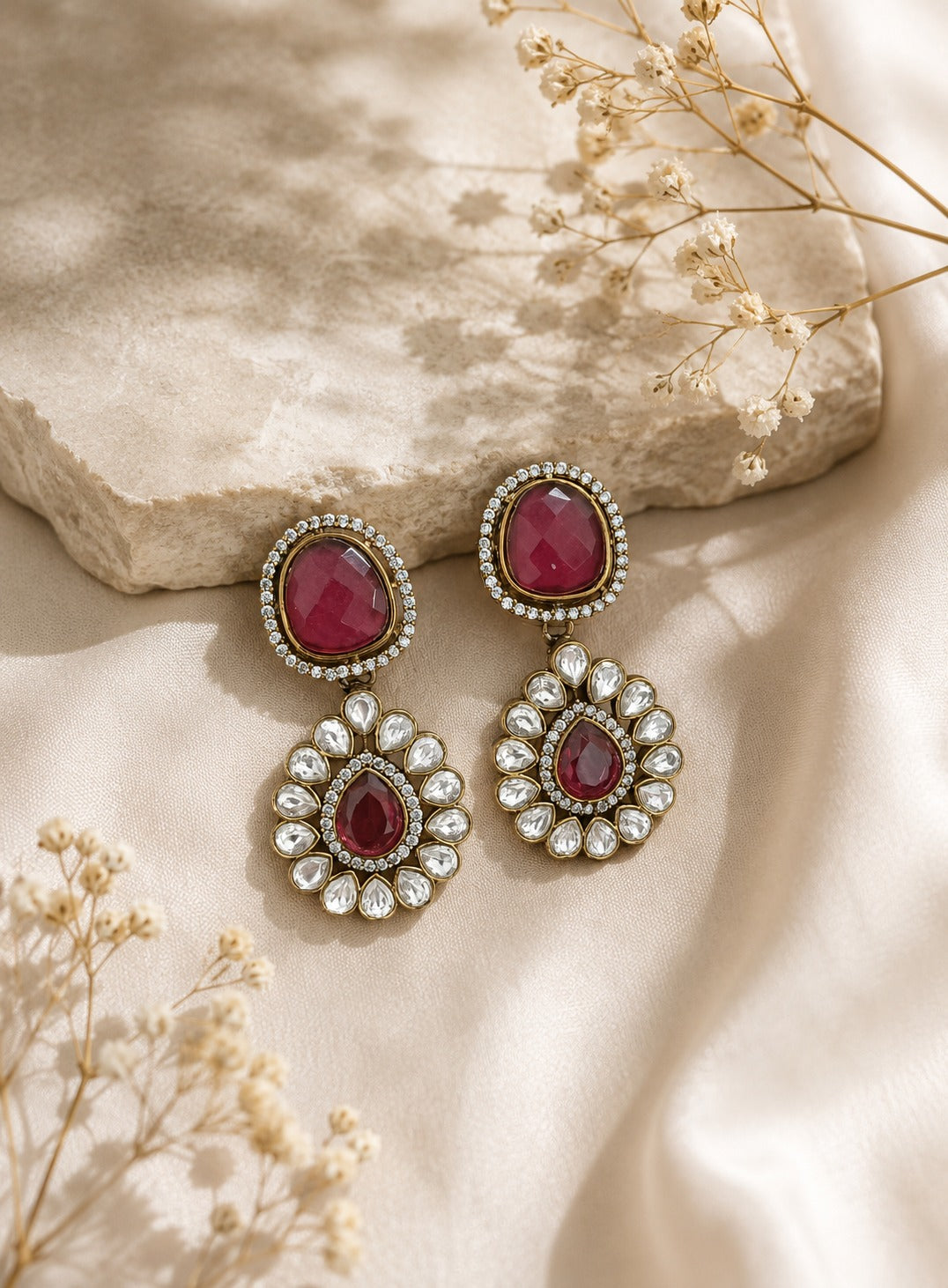 Luxury Ruby Red Kundan Drop Earrings for Women | Bridal & Festive Jewelry (BR300)