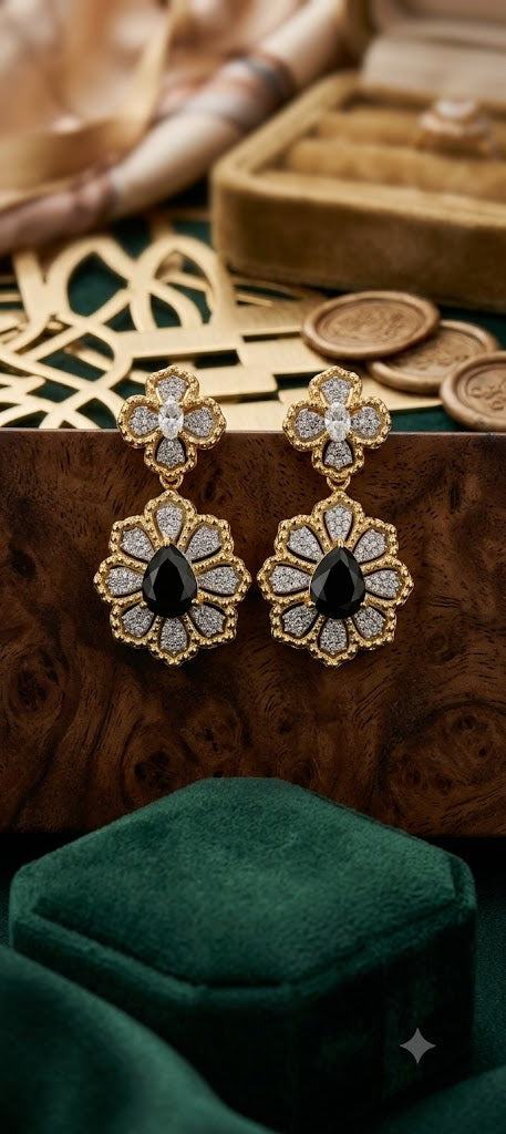 Luxury Gold-Tone Floral Drop Earrings with Black Enamel Accent (BR300)