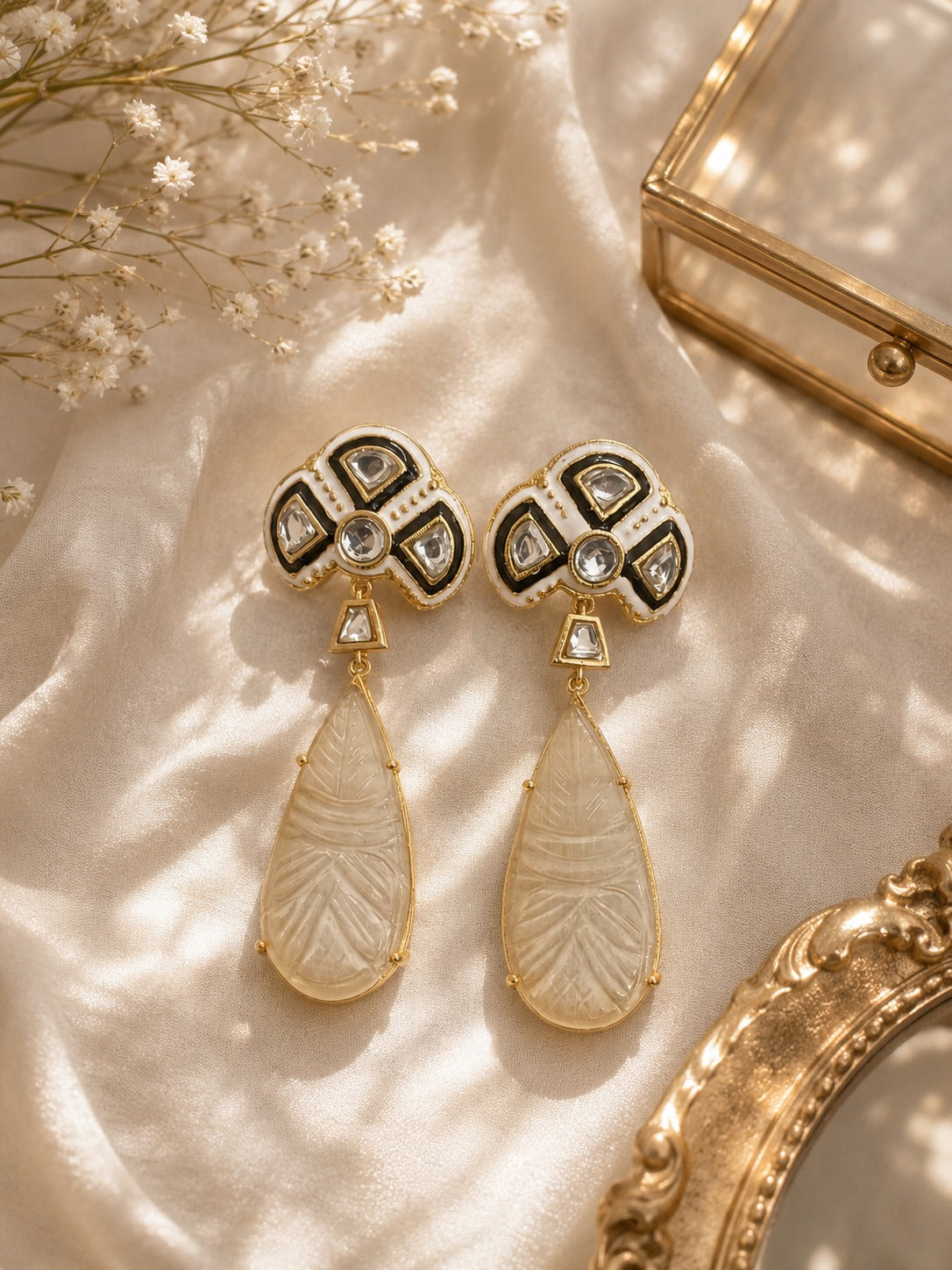 Luxury Ivory Enamel Drop Earrings – Gold-Tone Statement Earrings for Women (BR300)
