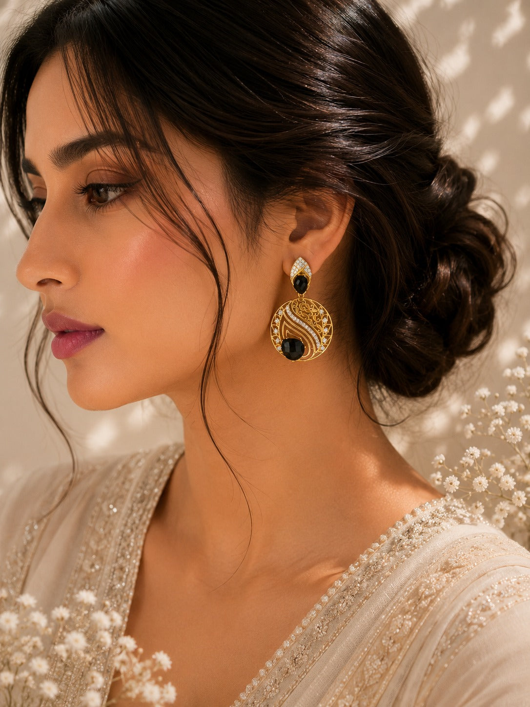 Luxury Gold-Tone Black Stone Statement Drop Earrings for Women (BR300)