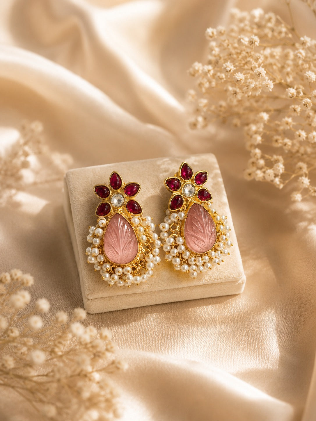 Luxury Gold-Tone Pearl Drop Earrings with Pink Enamel Design (BR300)