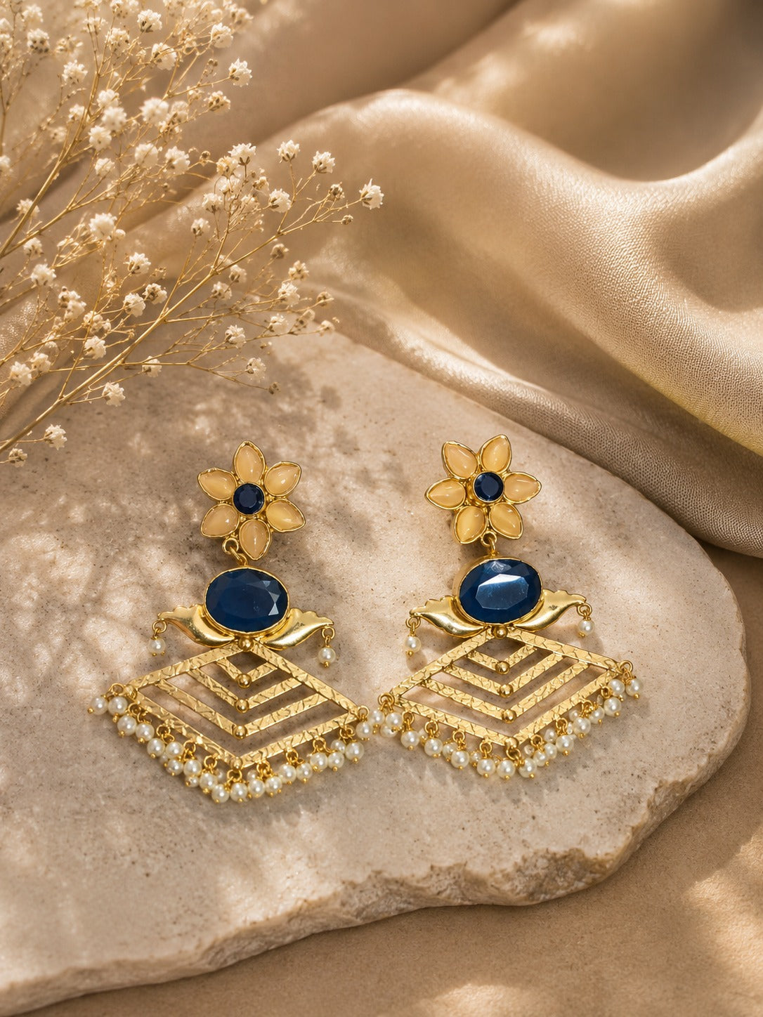 Luxury Gold-Tone Blue Floral Pearl Drop Statement Earrings Women (BR300)