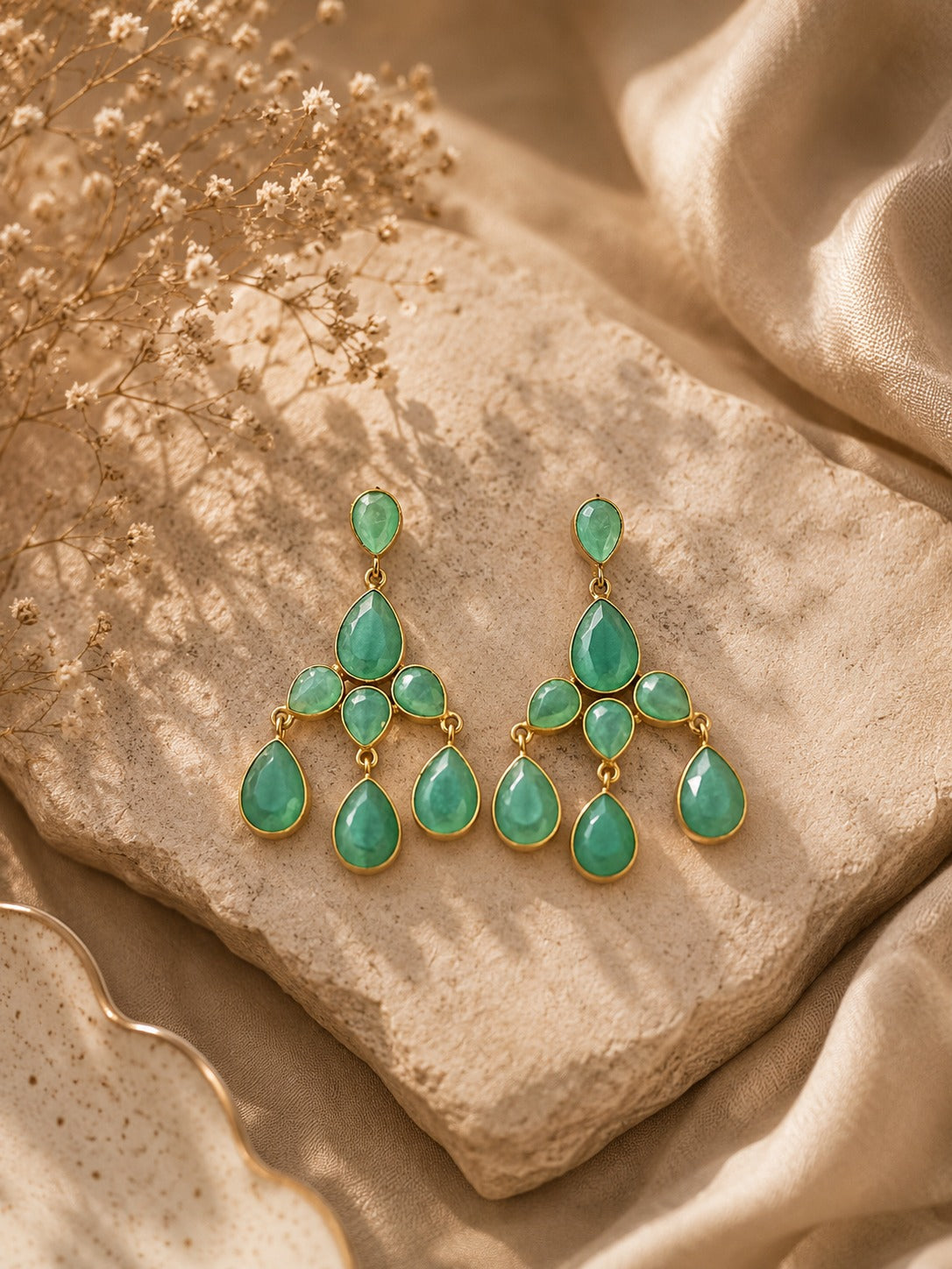 Mint Green Gold-Tone Chandelier Drop Earrings for Women (BR300)