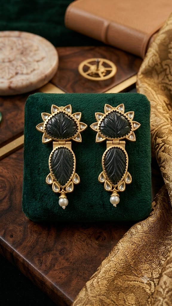 Vintage Gold-Tone Leaf Motif Statement Drop Earrings for Women (BR300)