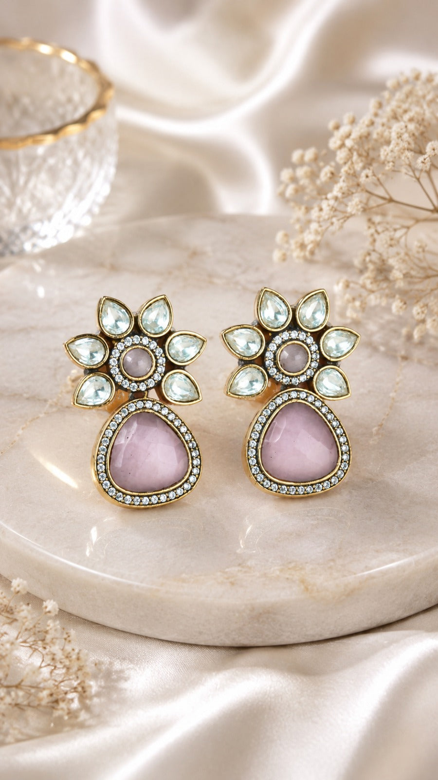 Luxury Pink Stone Floral Statement Earrings for Women Gold Tone (BR300)