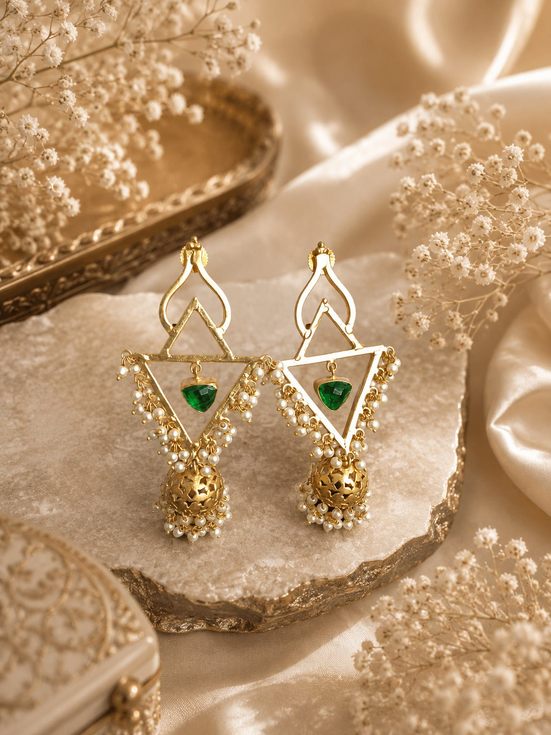 Luxury Gold-Tone Geometric Pearl Jhumka Earrings for Women (BR300)