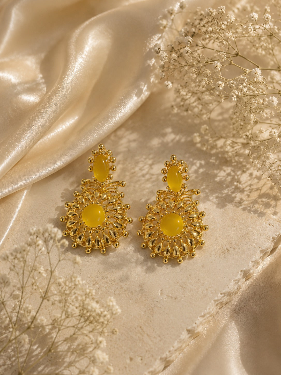 Yellow Enamel Gold-Tone Filigree Drop Earrings for Women Stylish (BR300)