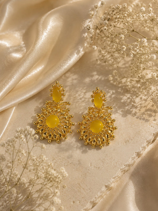 Yellow Enamel Gold-Tone Filigree Drop Earrings for Women Stylish (BR300)