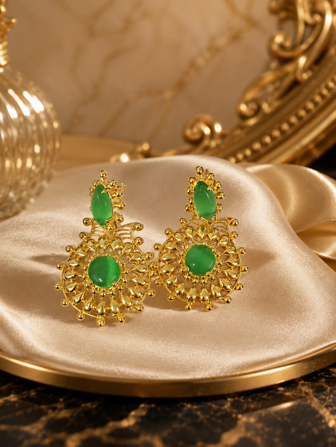 Elegant Green Enamel Gold-Tone Filigree Statement Earrings Women (BR300)