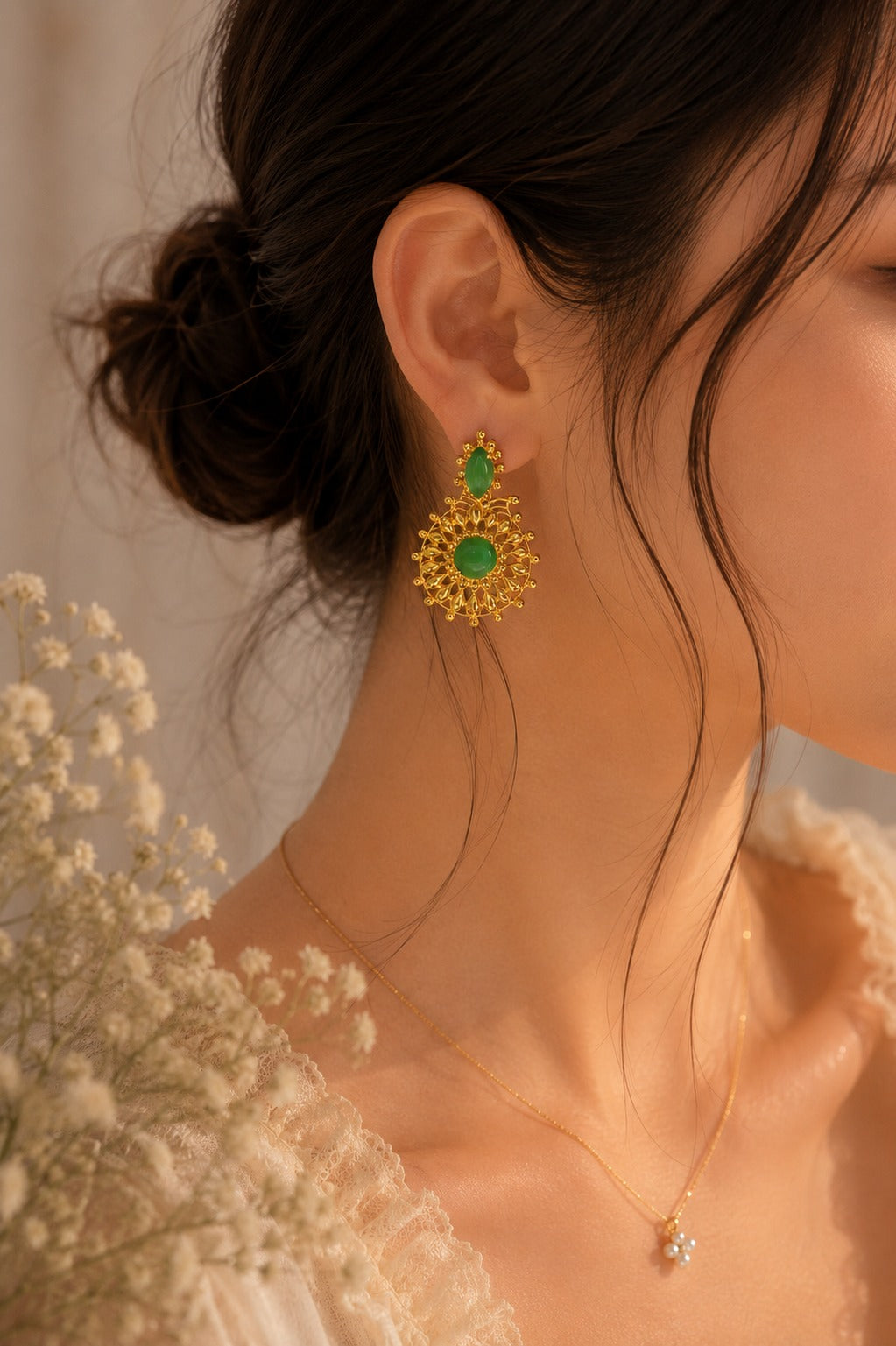 Elegant Green Enamel Gold-Tone Filigree Statement Earrings Women (BR300)