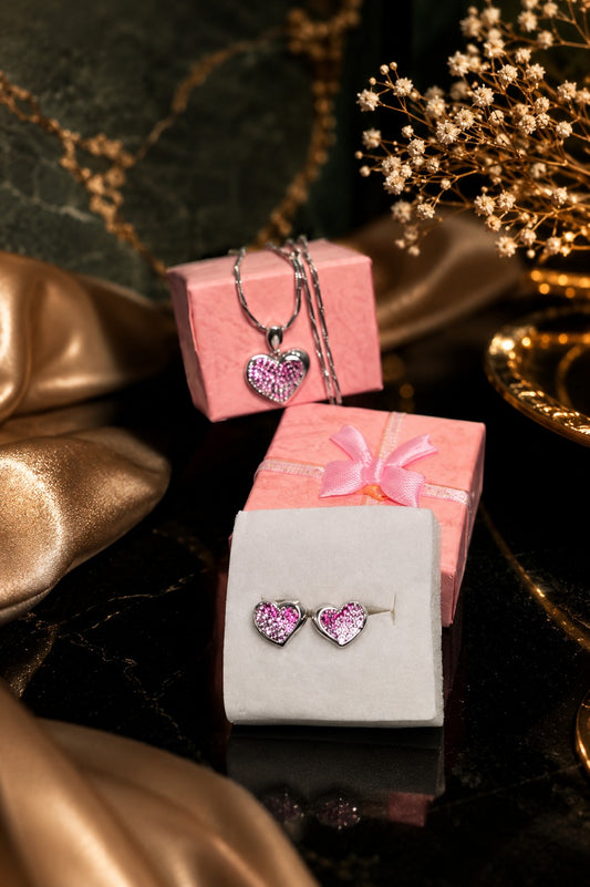 Silver Pink-Color CZ Stone Pendant & Earring Set for Women | [3.74g] Designer Jewelry Set (Without Chain) NT-2