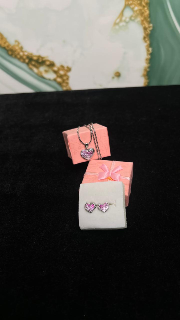 Silver Pink-Color CZ Stone Pendant & Earring Set for Women | [3.74g] Designer Jewelry Set (Without Chain) NT-2