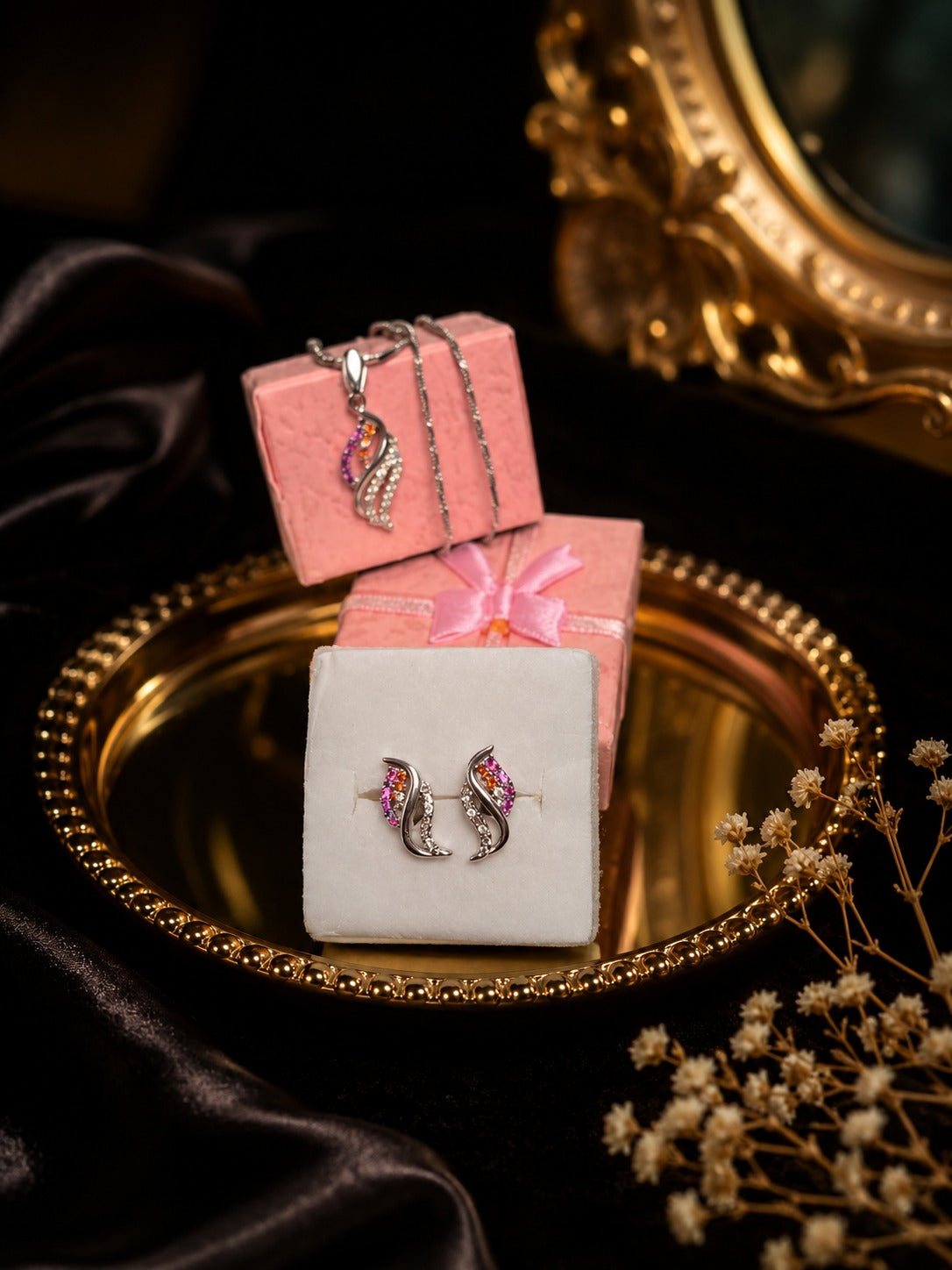 Silver Multi-Color CZ Stone Pendant & Earring Set for Women | [3.00g] Designer Jewelry Set (Without Chain) NT-1