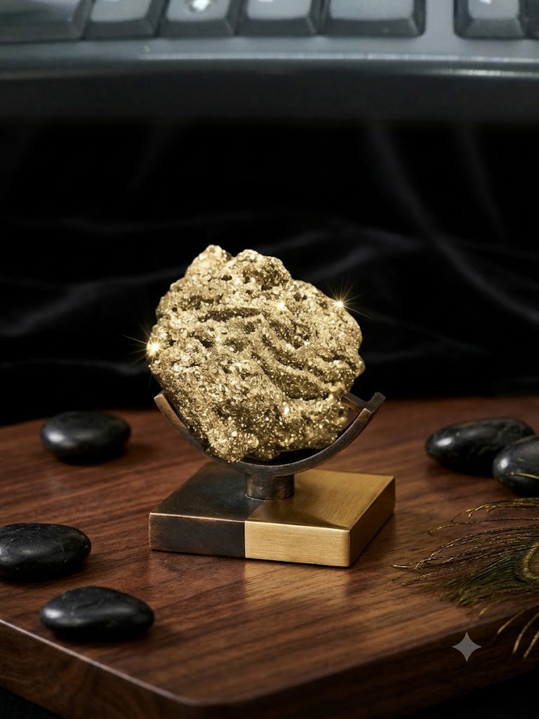 Golden Pyrite Crystal on Metal Stand – Natural Wealth & Prosperity Stone 116 Gram