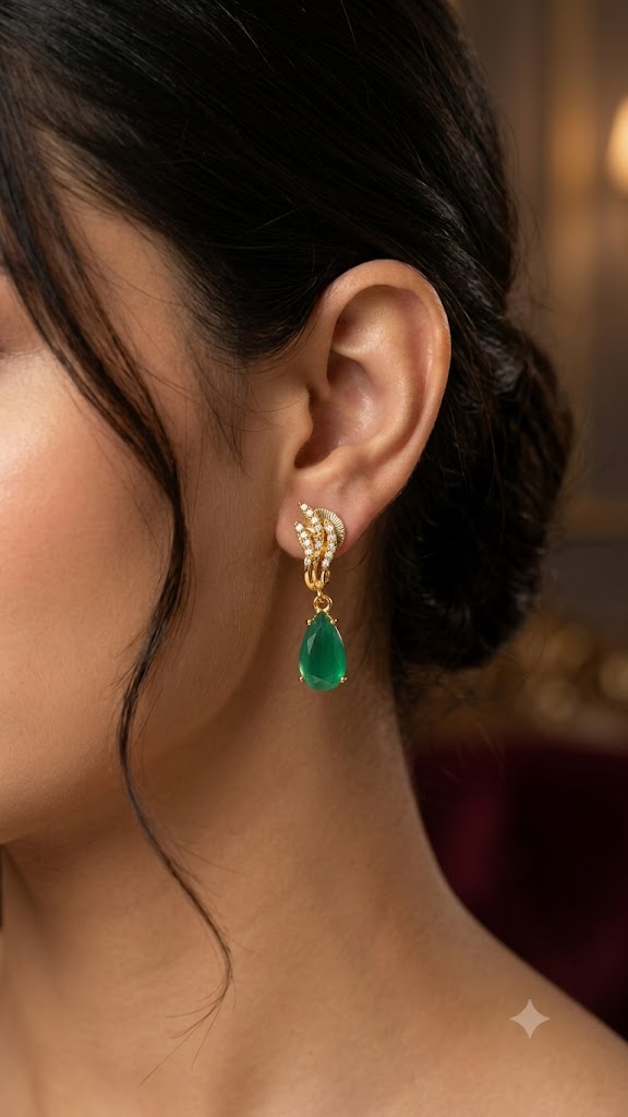 Luxury Green Teardrop Drop Earrings for Women | Gold Finish Jewelry (BR125)