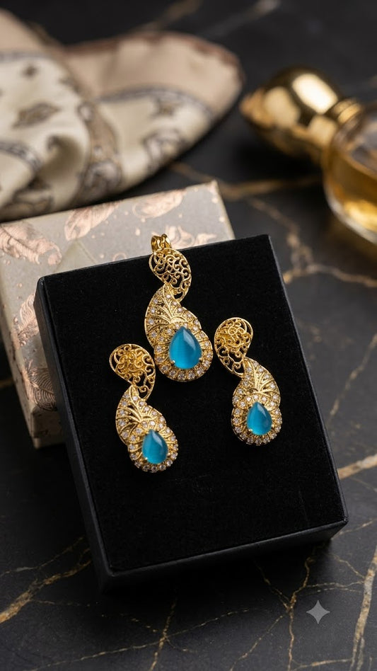 Elegant Gold-Plated Blue Teardrop Pendant & Earrings Jewelry Set (BR250)